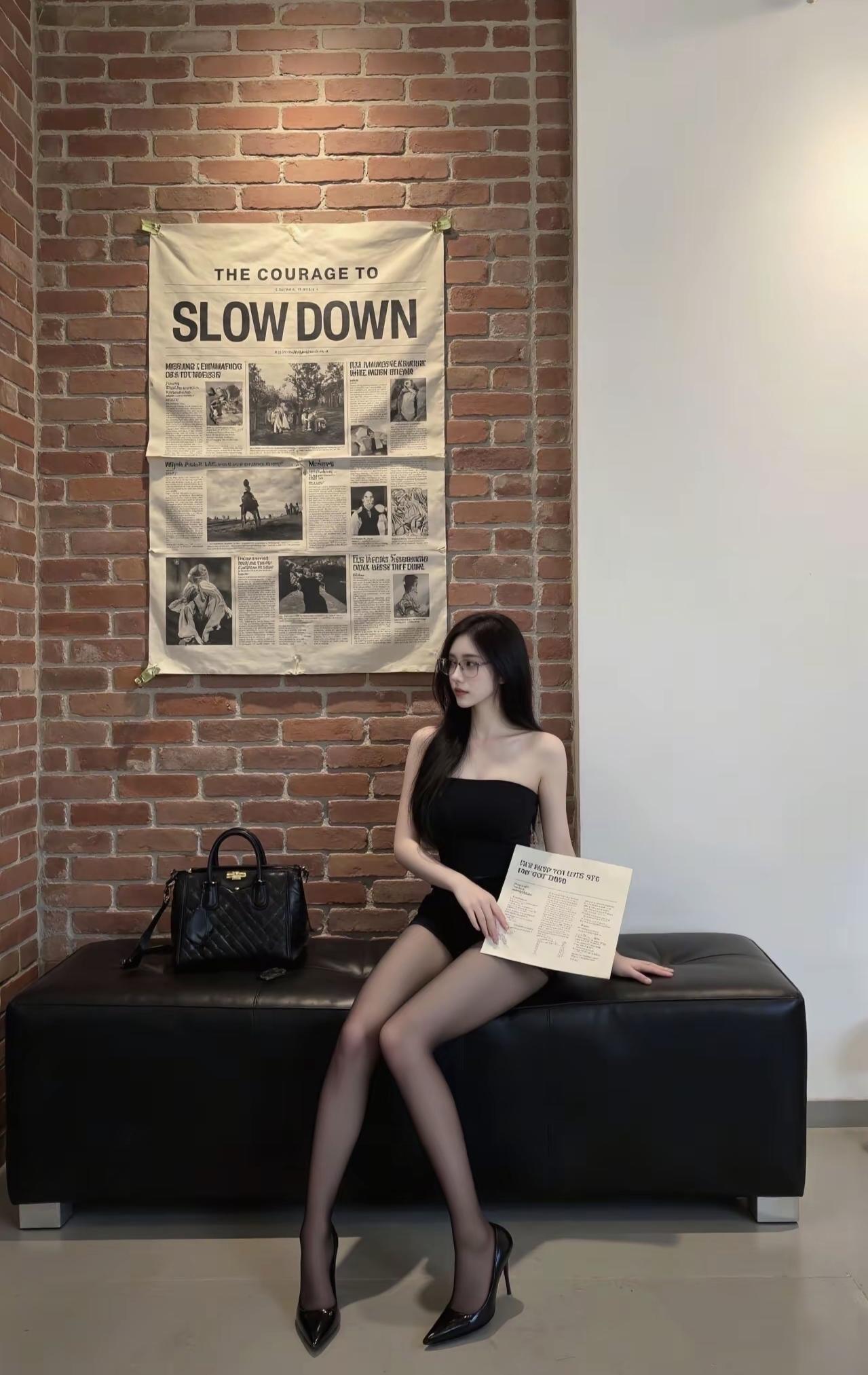 砖墙上的报纸海报写着“慢下来的勇气”，正好配今天偷来的松弛时刻。黑裙裹着慵懒，报