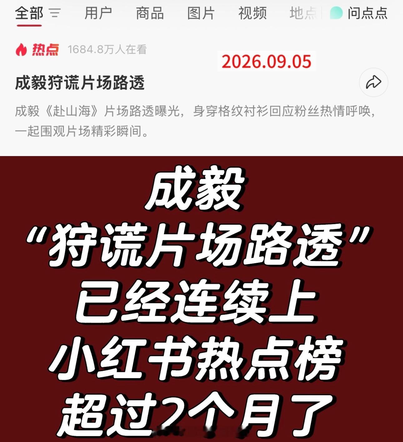 成毅《狩谎》片场路透在薯上已经持续上热点榜超两个月了，纯自然热度推上去的，成毅的