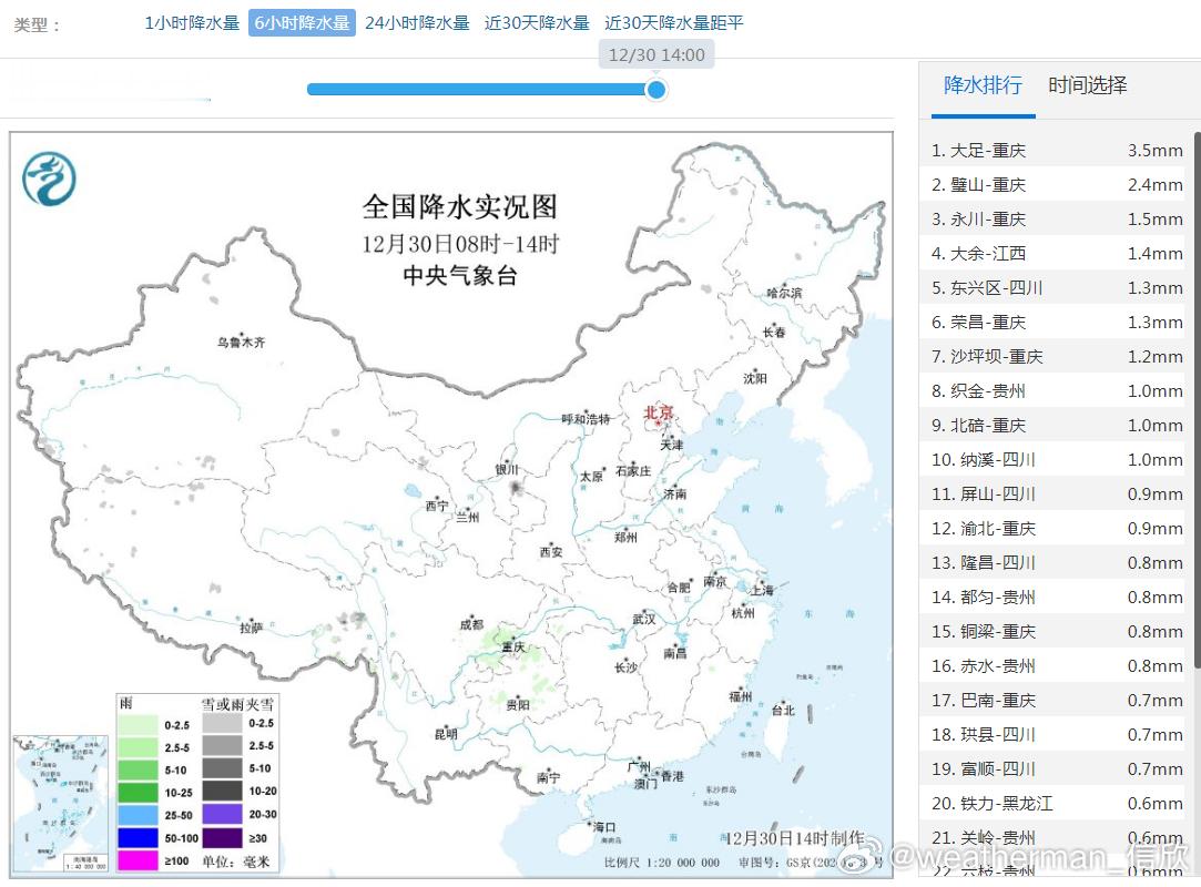 【雨雪】今天08-14时，重庆四川站点排在6小时降水榜前列。从云图看，西南一带的