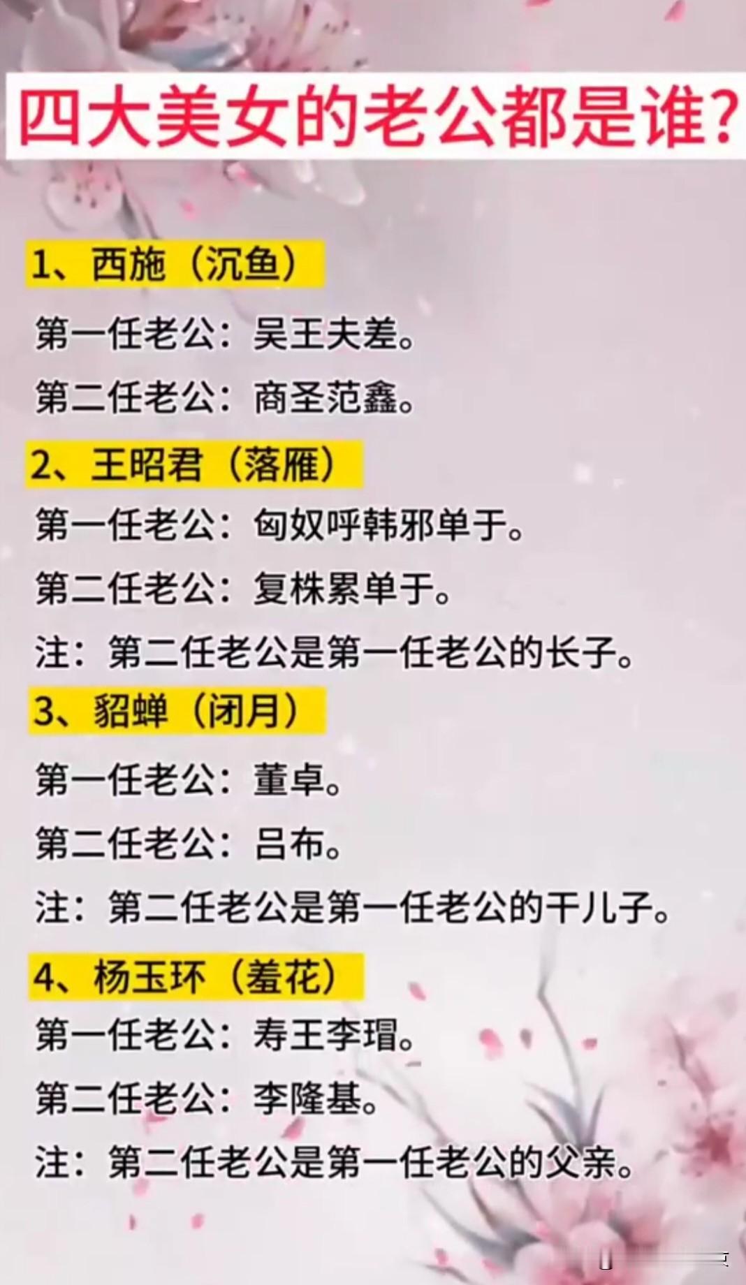 古代四大美女的老公都是谁
沉鱼~西施，
落雁~王昭君，
闭月~貂蝉，
羞花~杨玉