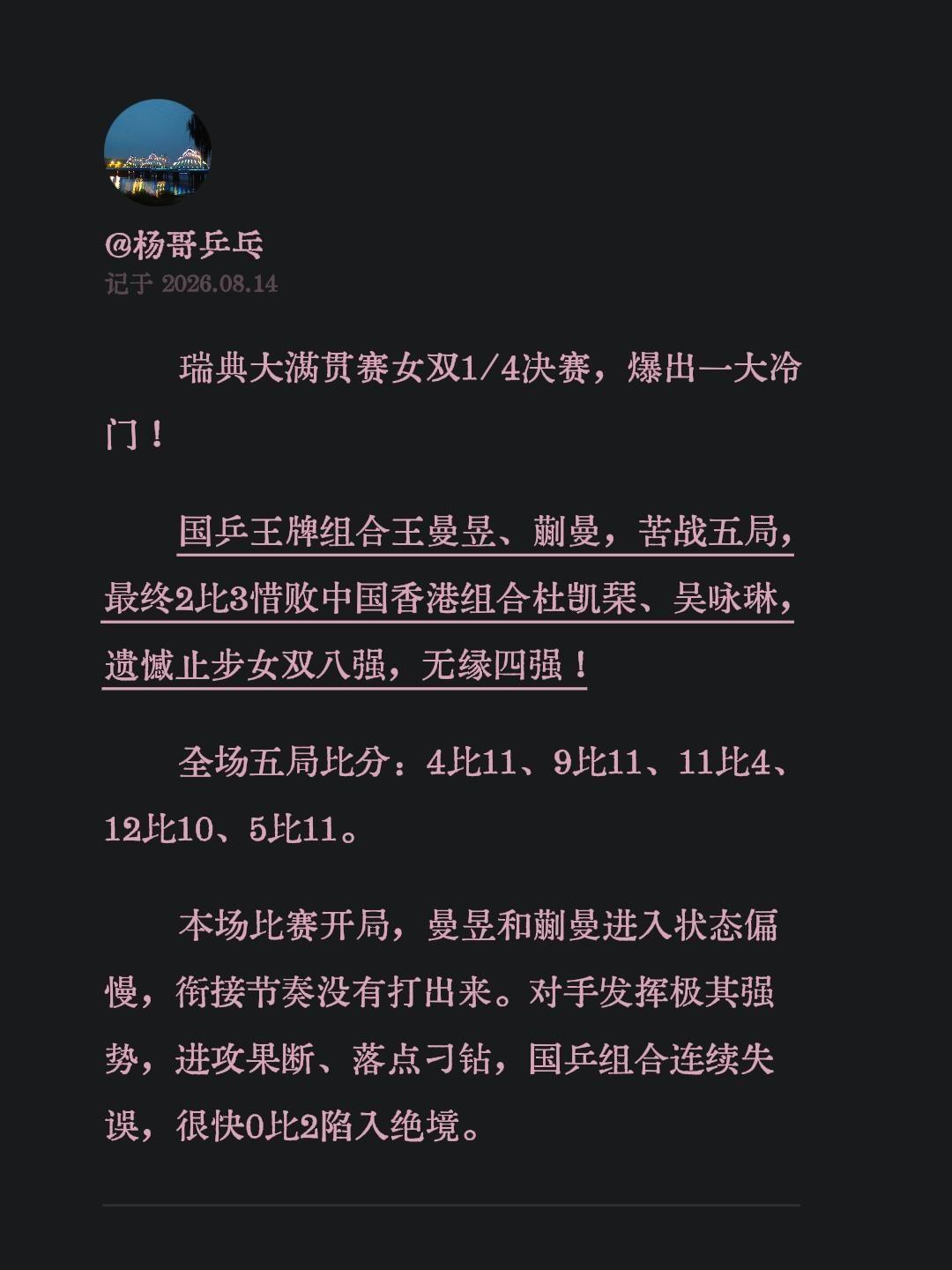 瑞典大满贯赛女双1/4决赛，爆出一大冷门！ 
国乒王牌组合王曼昱、蒯曼，苦战五局