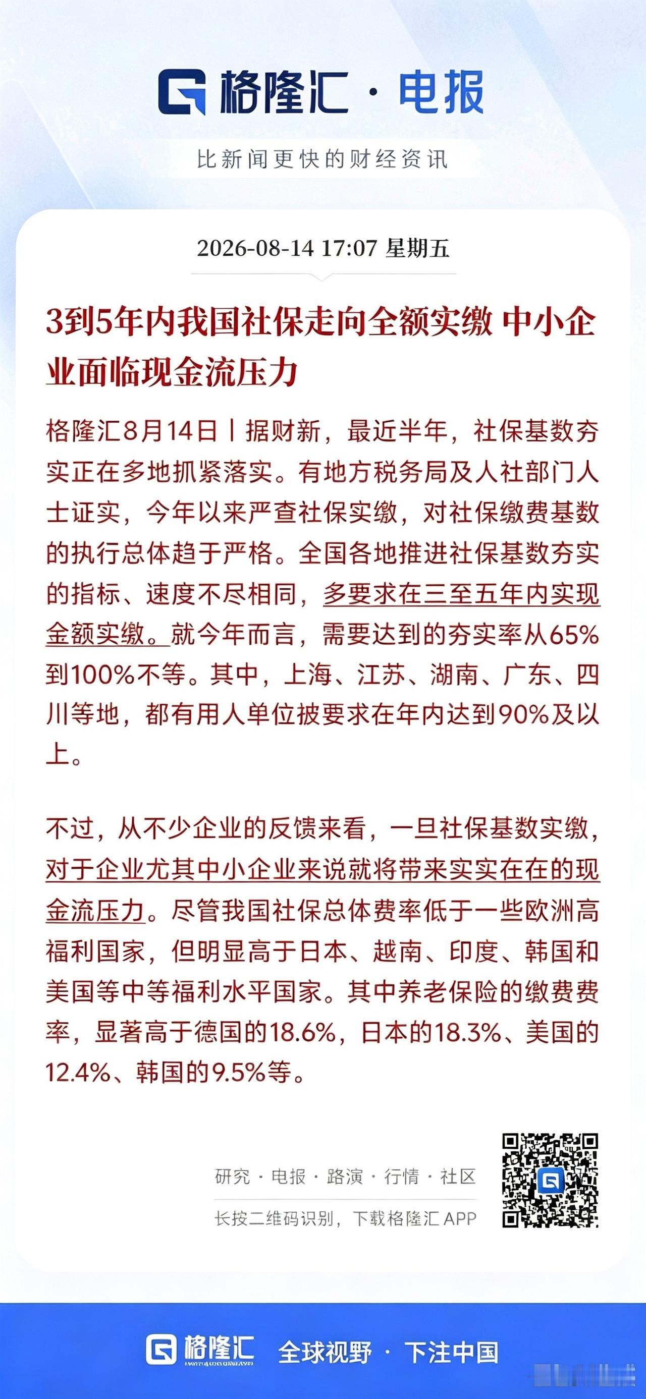 社保要全额实缴，小公司扛得住吗？你觉得社保全额实缴会带来什么变化？[思考]