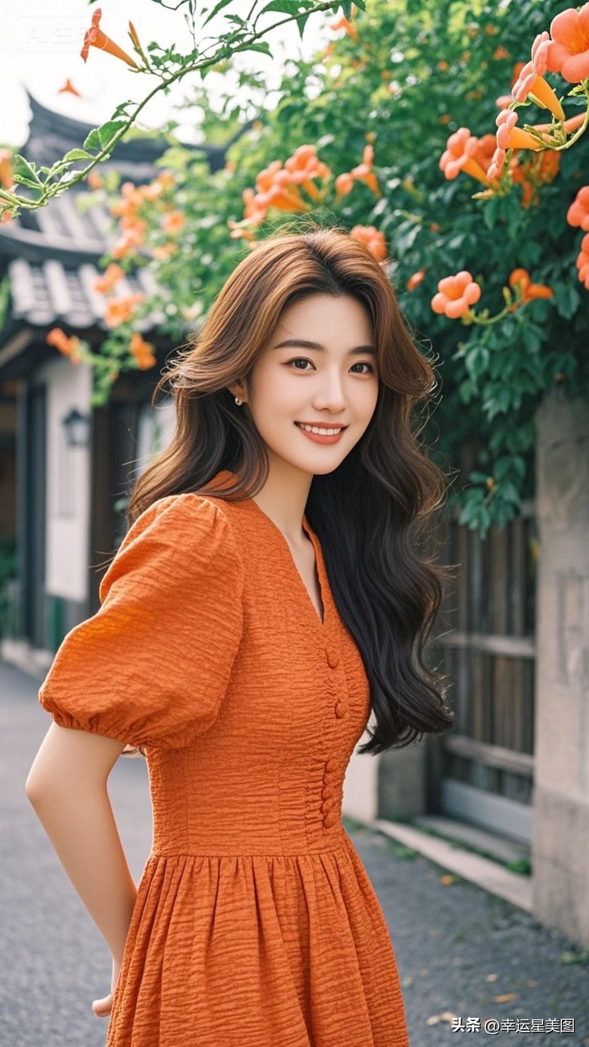 阳光明媚的午后，橙色连衣裙与灿烂笑容相映成趣，元气满满的一天！🌞💃🌸