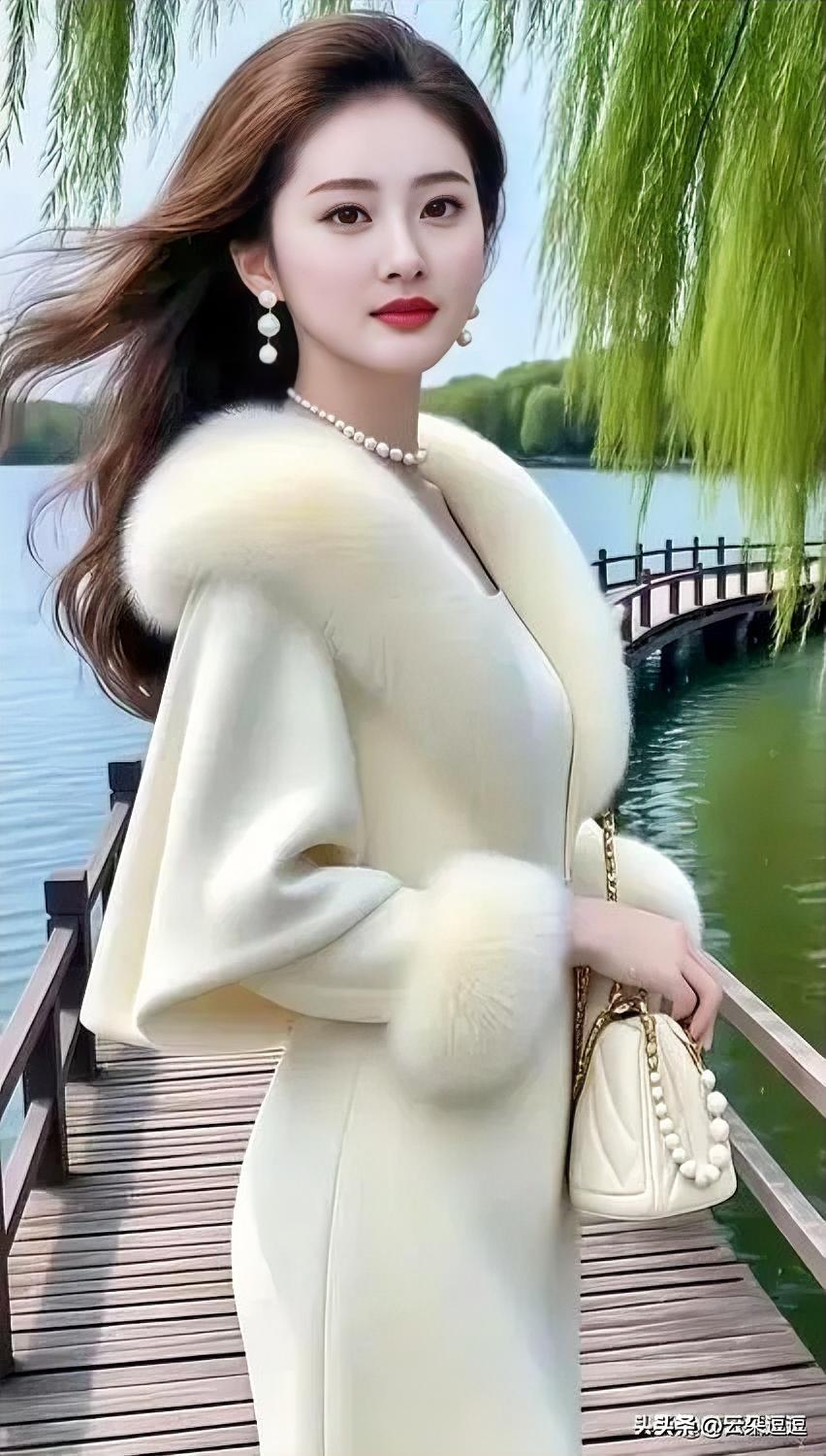 优雅白裙，湖畔漫步，珍珠项链点缀，尽显温柔与高贵。