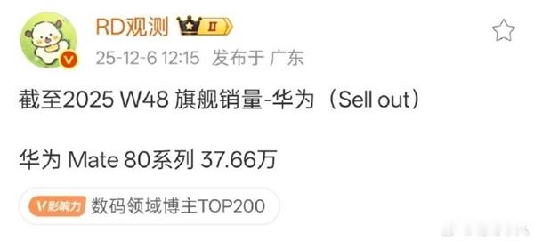 华为Mate 80系列首月销量破37万台，备货约900万。标准版4699元起，较