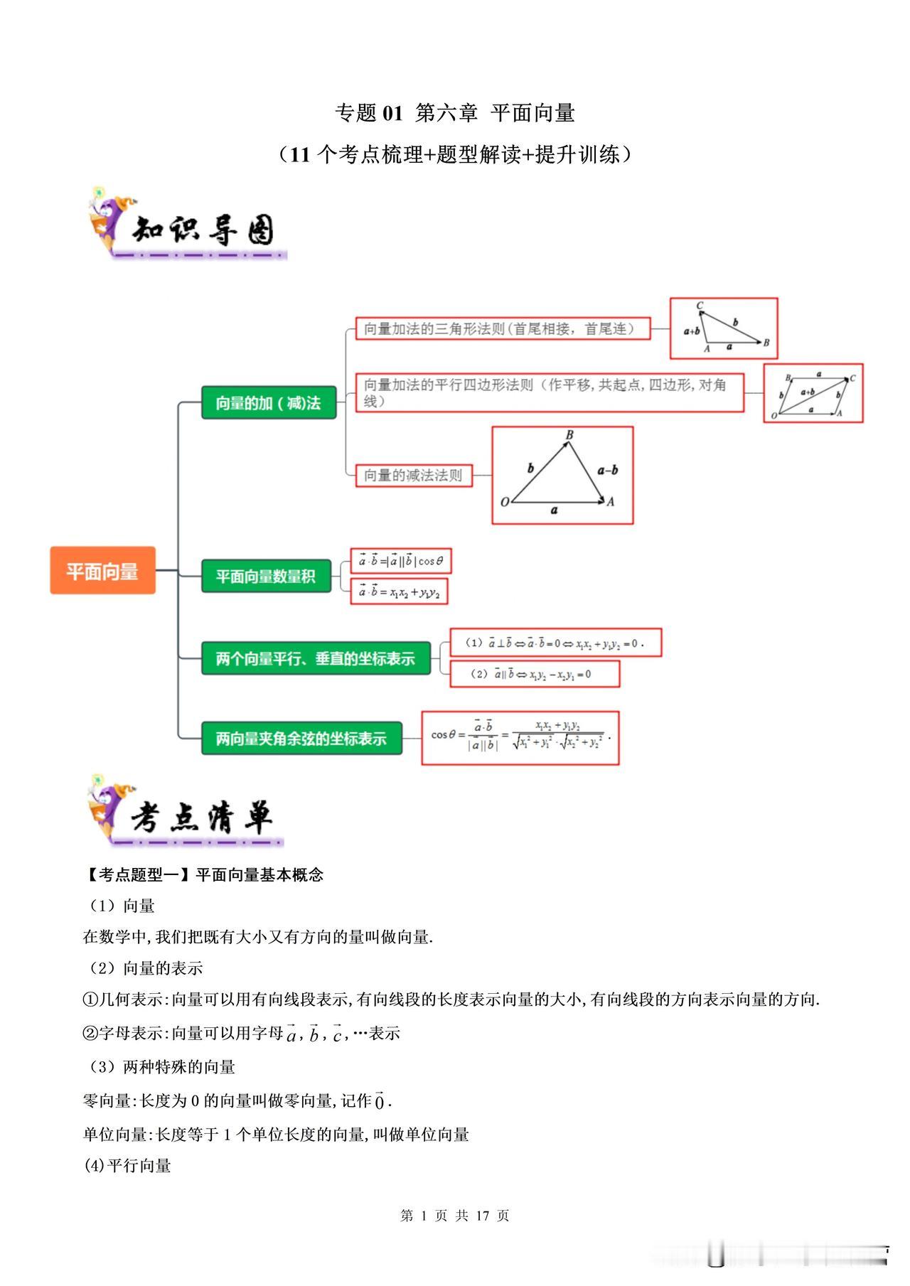 高一数学必修第二册期末复习好资料
 第六章 平面向量（11个考点梳理+题型解读+