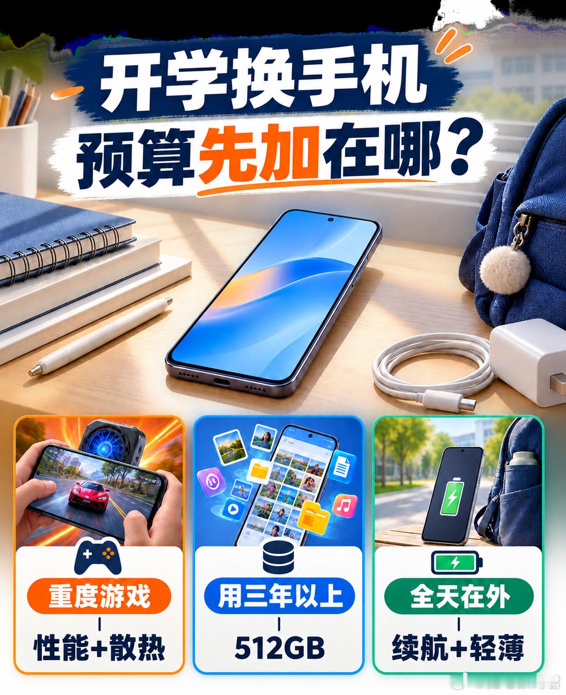 学生党开学设备应该怎么选开学换手机，预算有限时，先别被“全能旗舰”带着走。把钱加