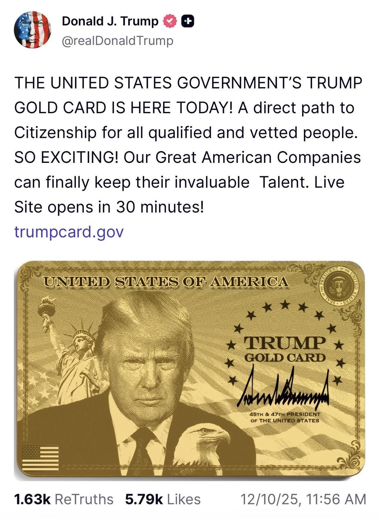 特朗普宣布今天开始售卖“川普金卡”，一张100万美元，要先交$15000手续费，