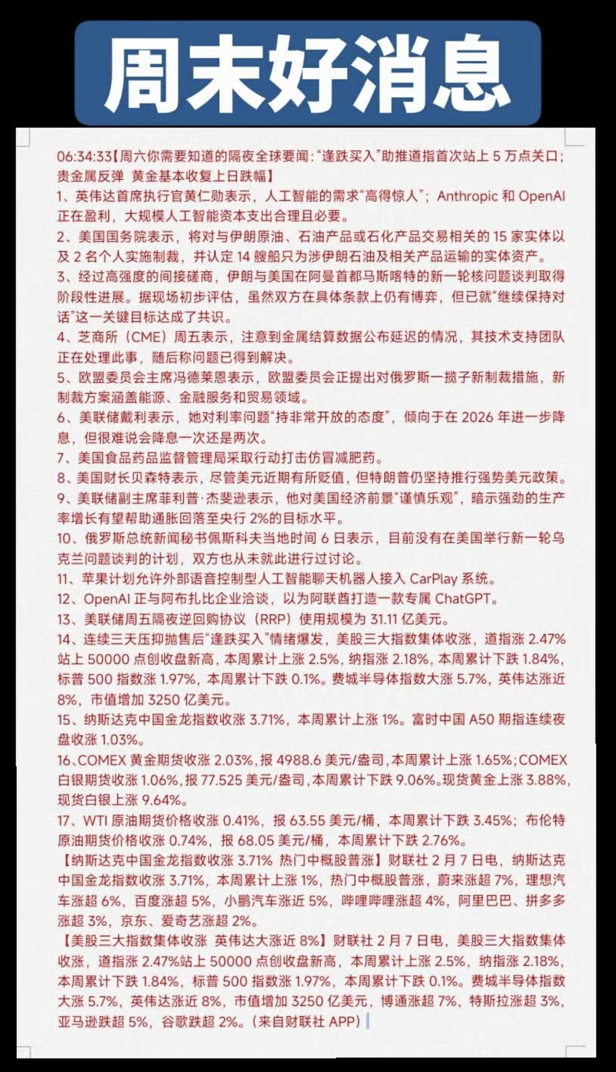 2.7周六  全球周末财经：利好消息汇总！

1.黄仁勋：人工智能大模型
2.美