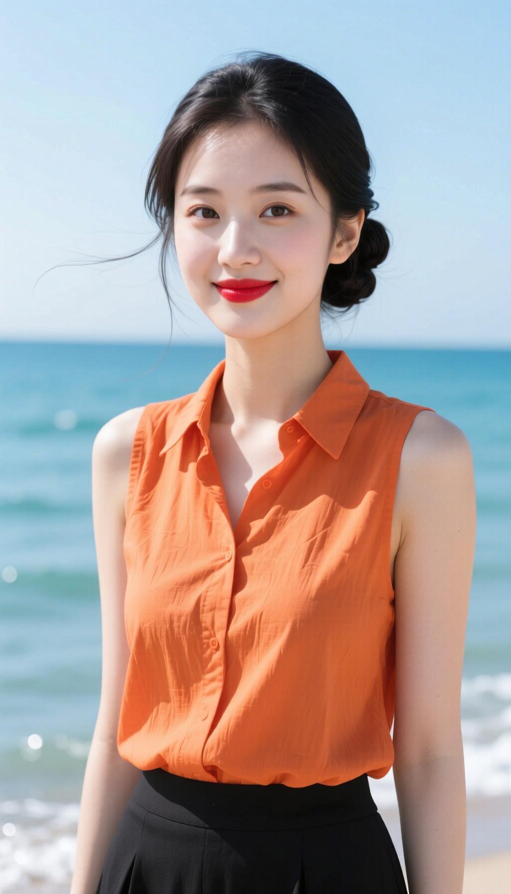 海边少女，橙色衬衫，微笑面对大海，享受阳光与海风。