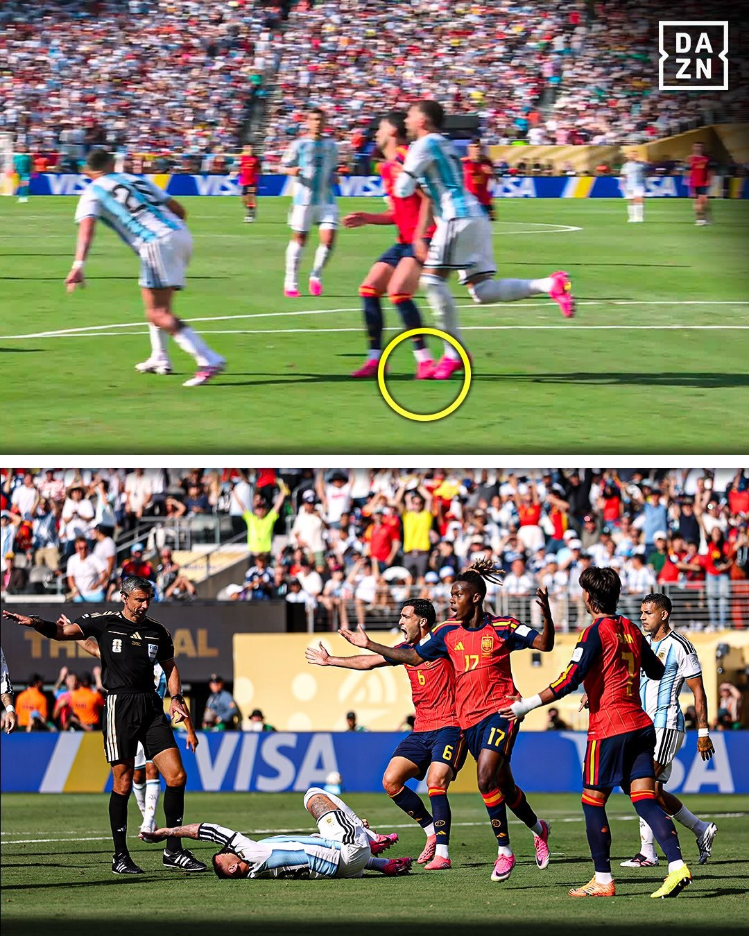 FIFA官方解释：尼科·威廉姆斯将球踢入网内，但进球立即被判无效。此前梅里诺￼先