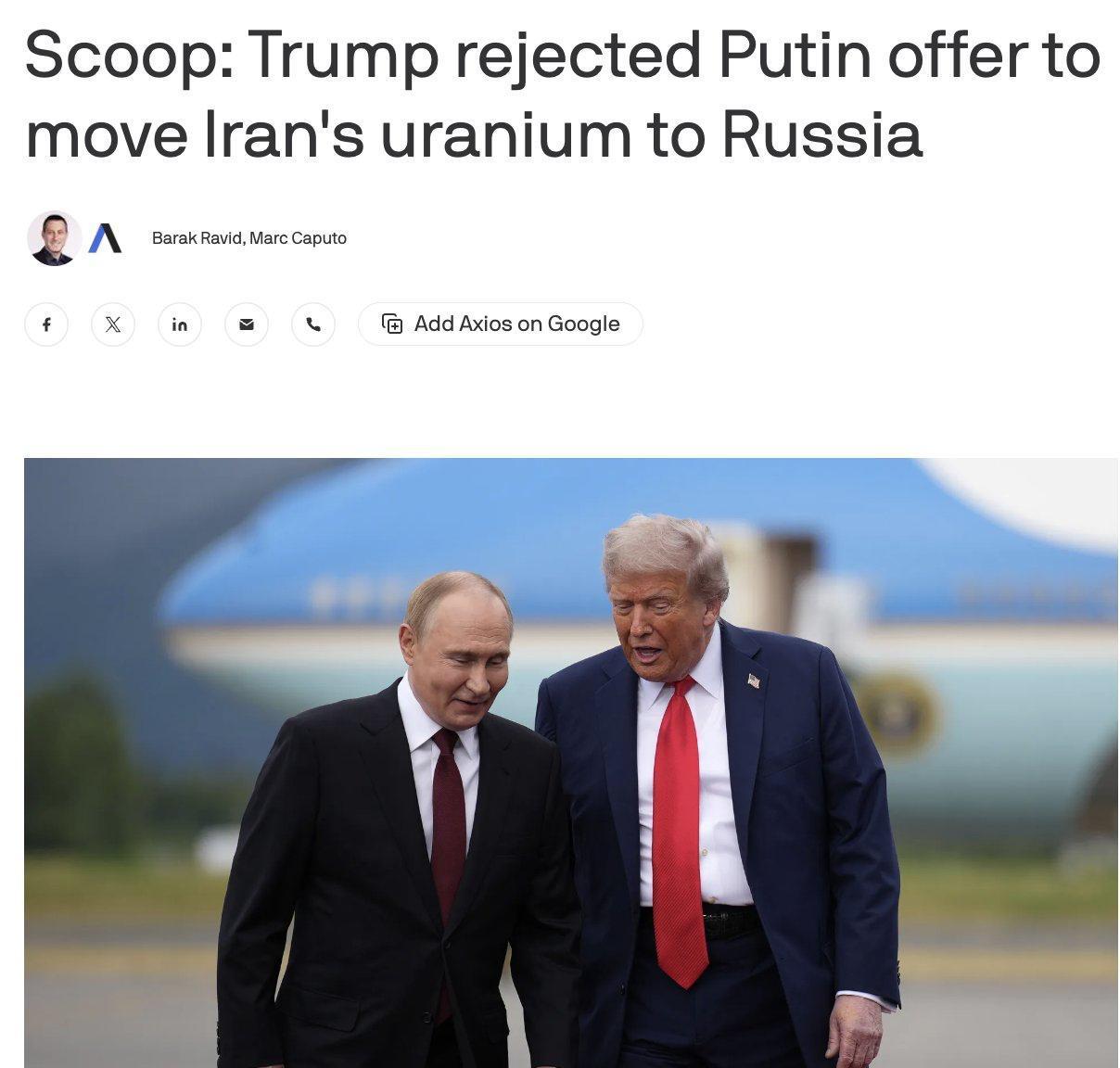 特朗普拒绝了普京提出的将伊朗浓缩铀运往俄罗斯的提议，该提议是结束战争协议的一部分