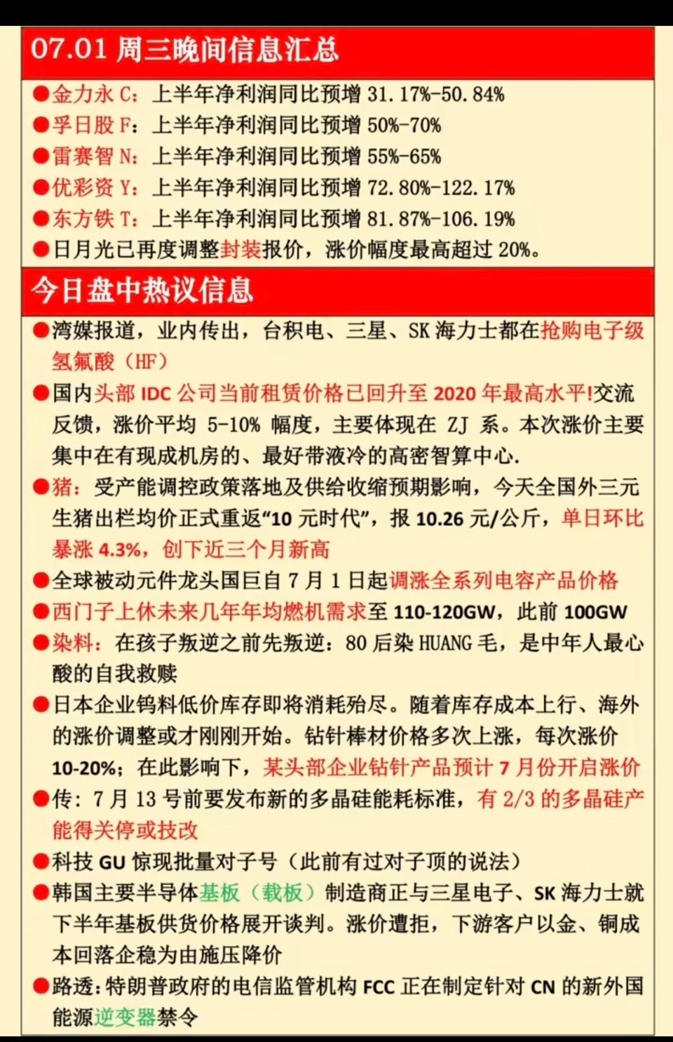 7.01周三  晚间：财经热点信息汇总！1.氢氟酸（抢货，供应紧张）2.算力租赁