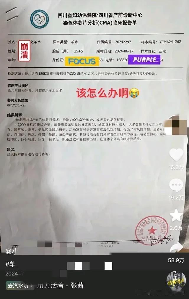 “怎么办？我的孩子“超雄综合征”，我好纠结，到底要不要打掉！”近日，四川一名孕妈