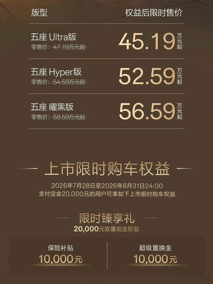 极氪9X极氪9X五座版限时售价45.19万、52.59万、56.59万。的确不贵