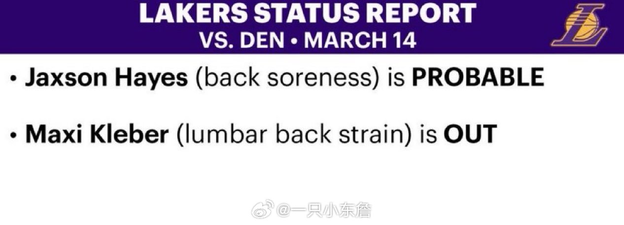 明天打掘金伤病报告：海斯可能出战湖人国度