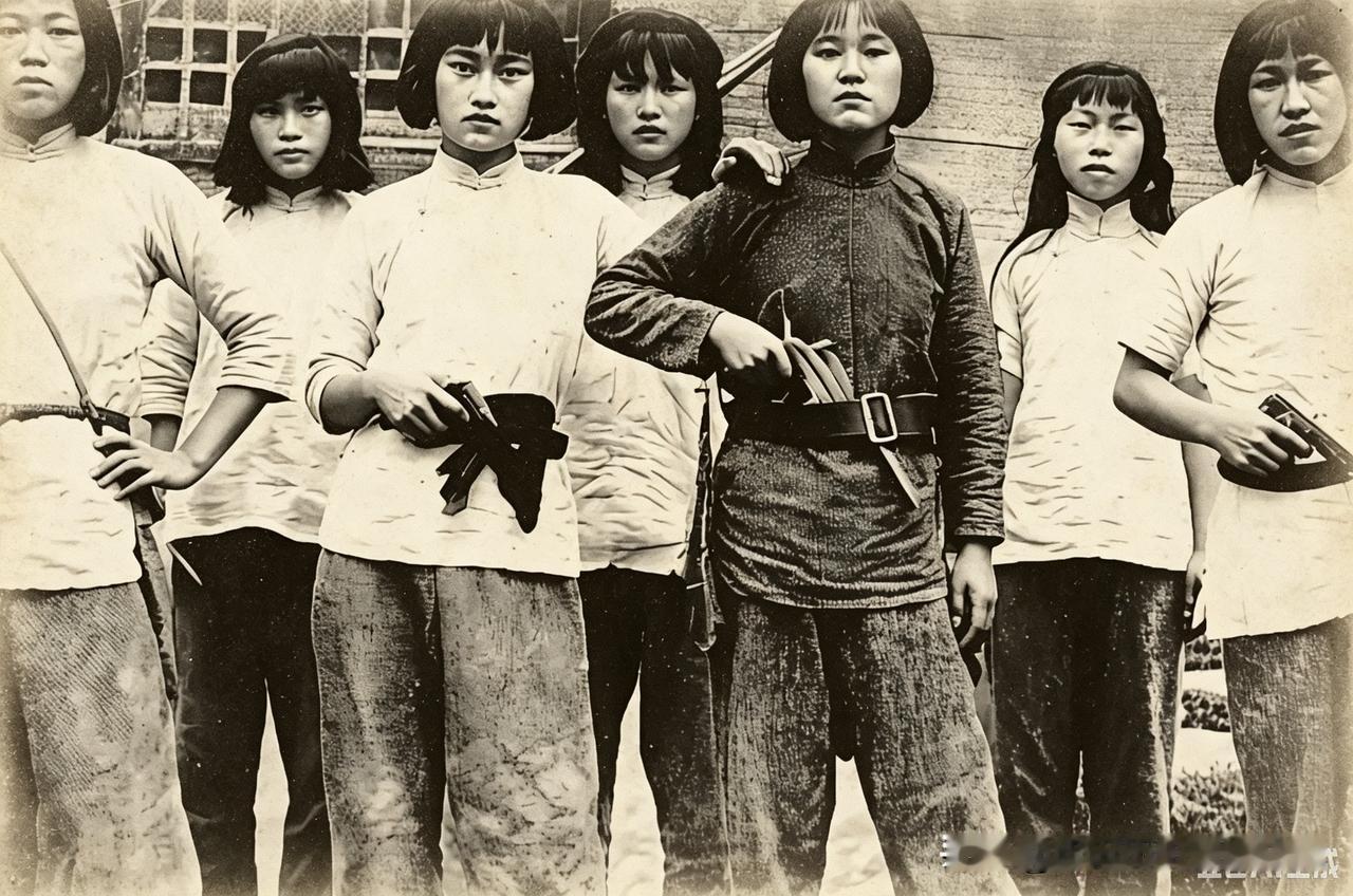 这是1940年代，冀中抗战冉庄地道战女民兵合影。从左至右：王新、王新娥、李吉儿、