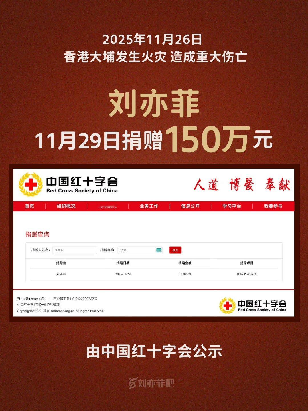 刘亦菲捐赠驰援香港刘亦菲低调给香港捐款 12月1日，经由中国红十字会官网公示，于