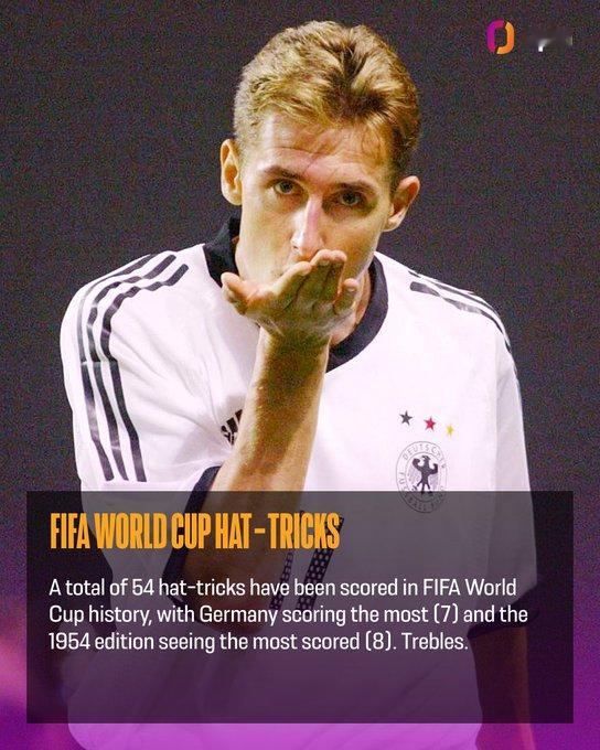 还有54天 - 在FIFA世界杯历史上，总共有54个帽子戏法被完成，其中德国完成