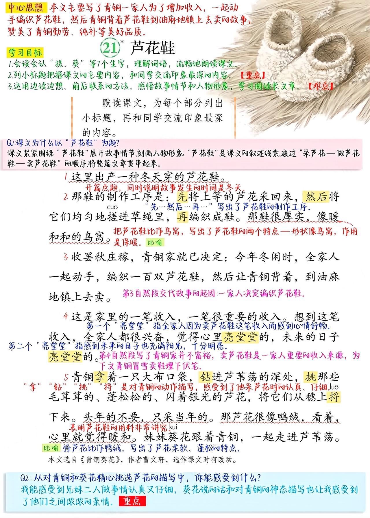 四年级下册语文，第21课《芦花鞋》课堂笔记，收藏复习三年级语文