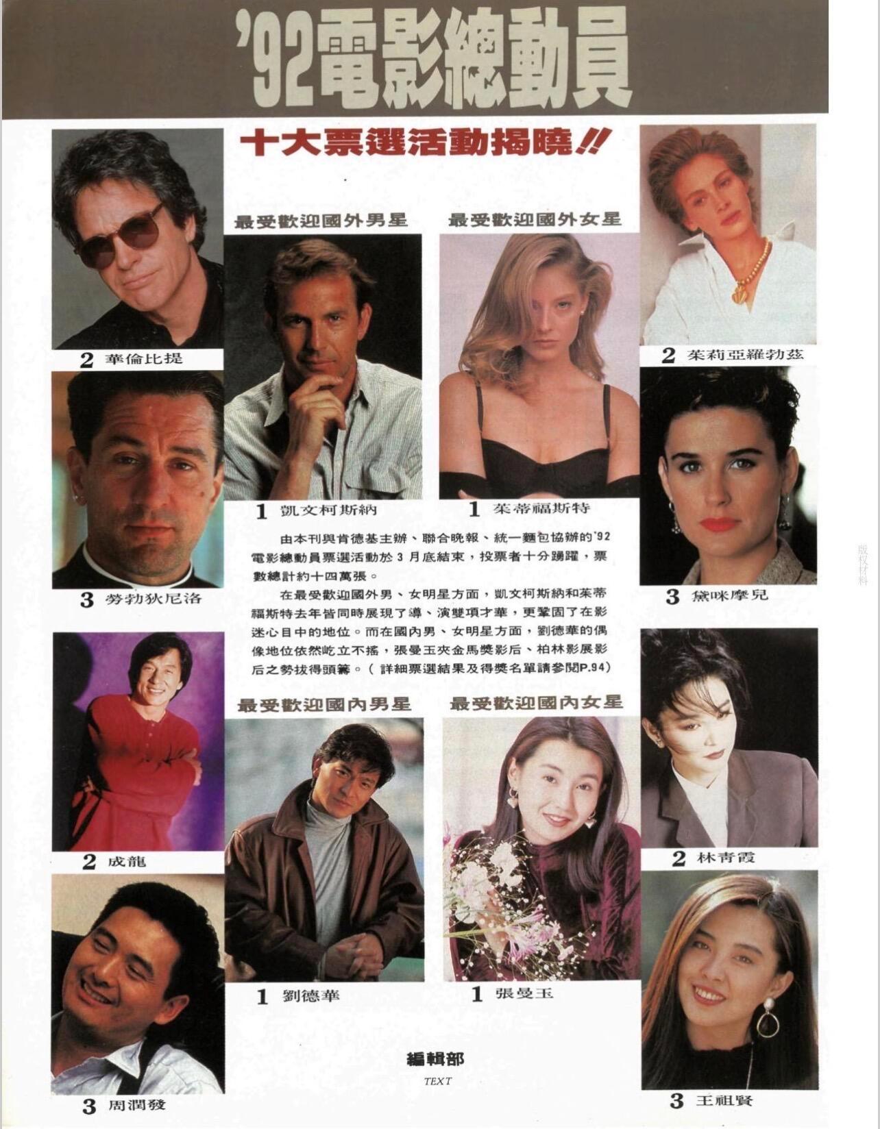 1992年《世界电影》杂志——电影十大票选活动最受欢迎国内女星第一名 