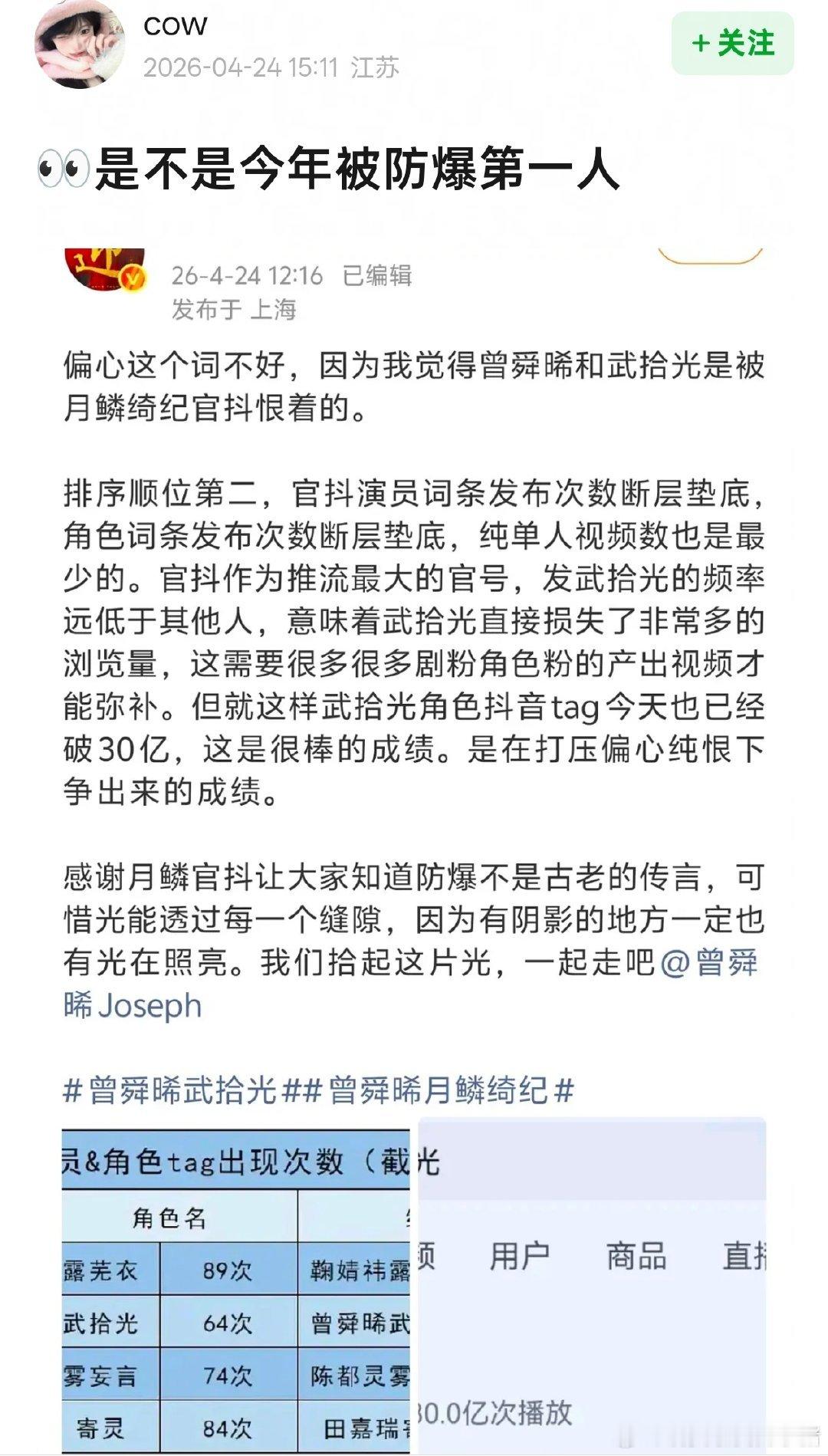 曾舜晞武拾光是四人里啥都是最少的，可是抖角色tag已经突破30亿，百万点赞也有。