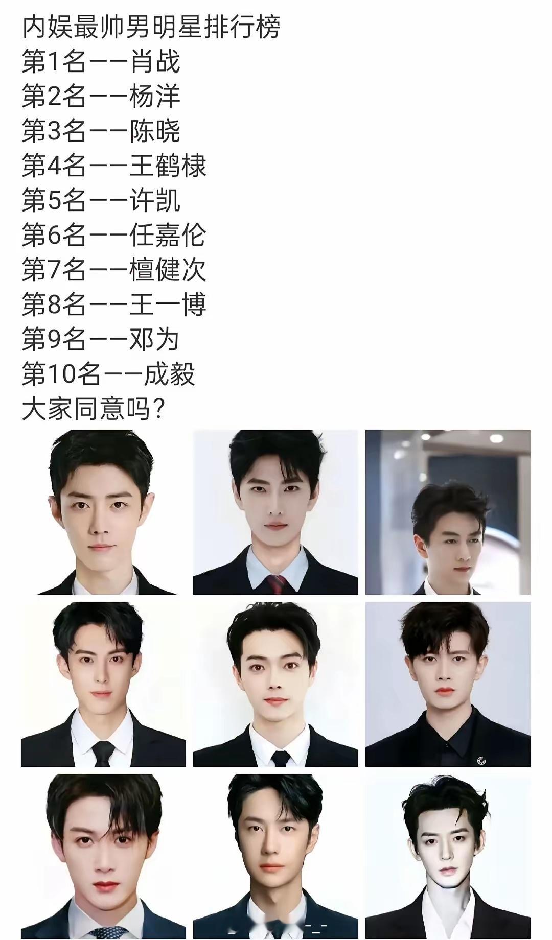 内娱男明星最帅前十名排名今天看到一个帖子 内娱男明星的排名，肖战第一名，你别说看