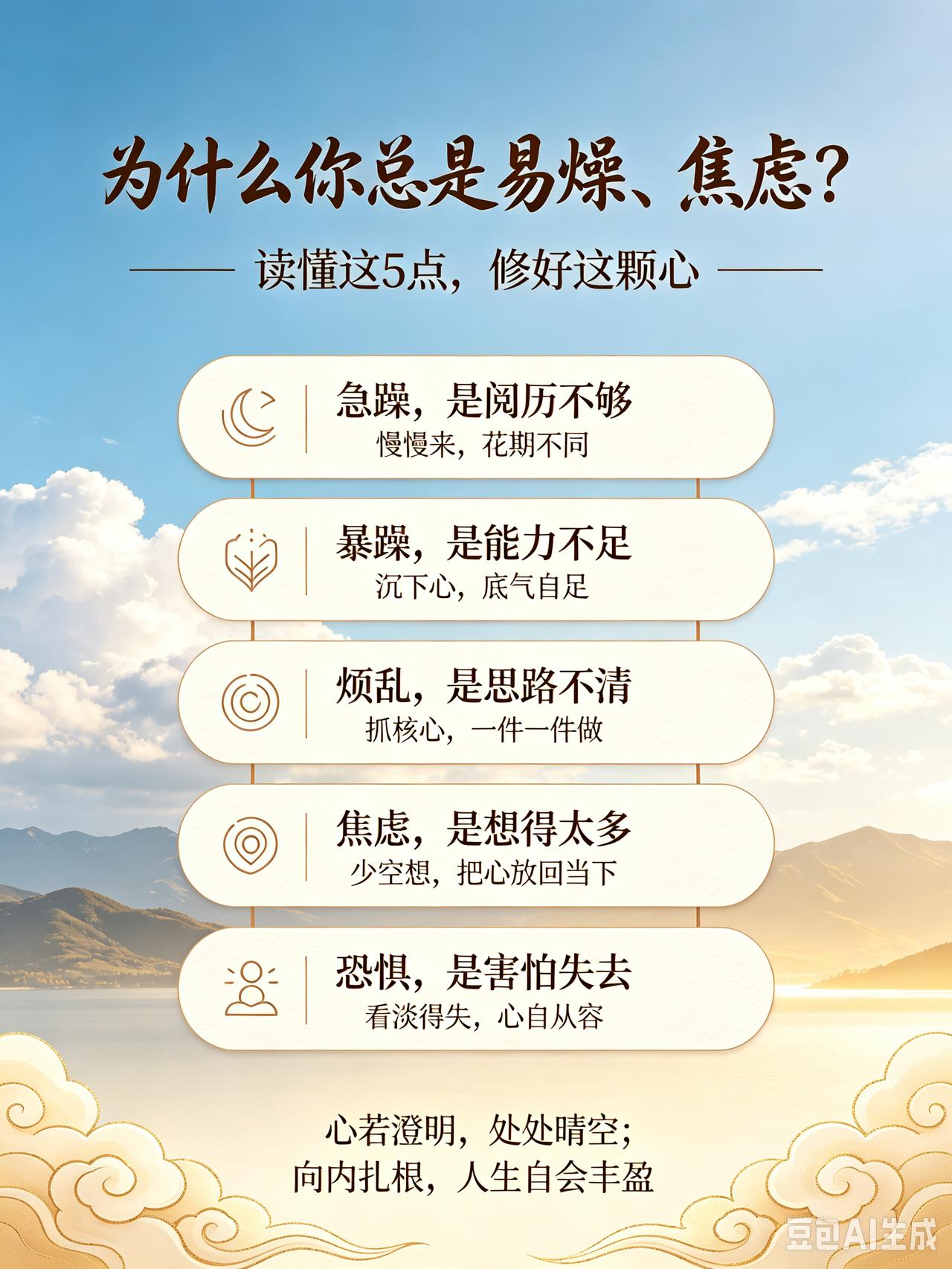 为什么你总是易燥、焦虑？读懂这5点，修好这颗心
 
人这一生，最难修行的，是自己