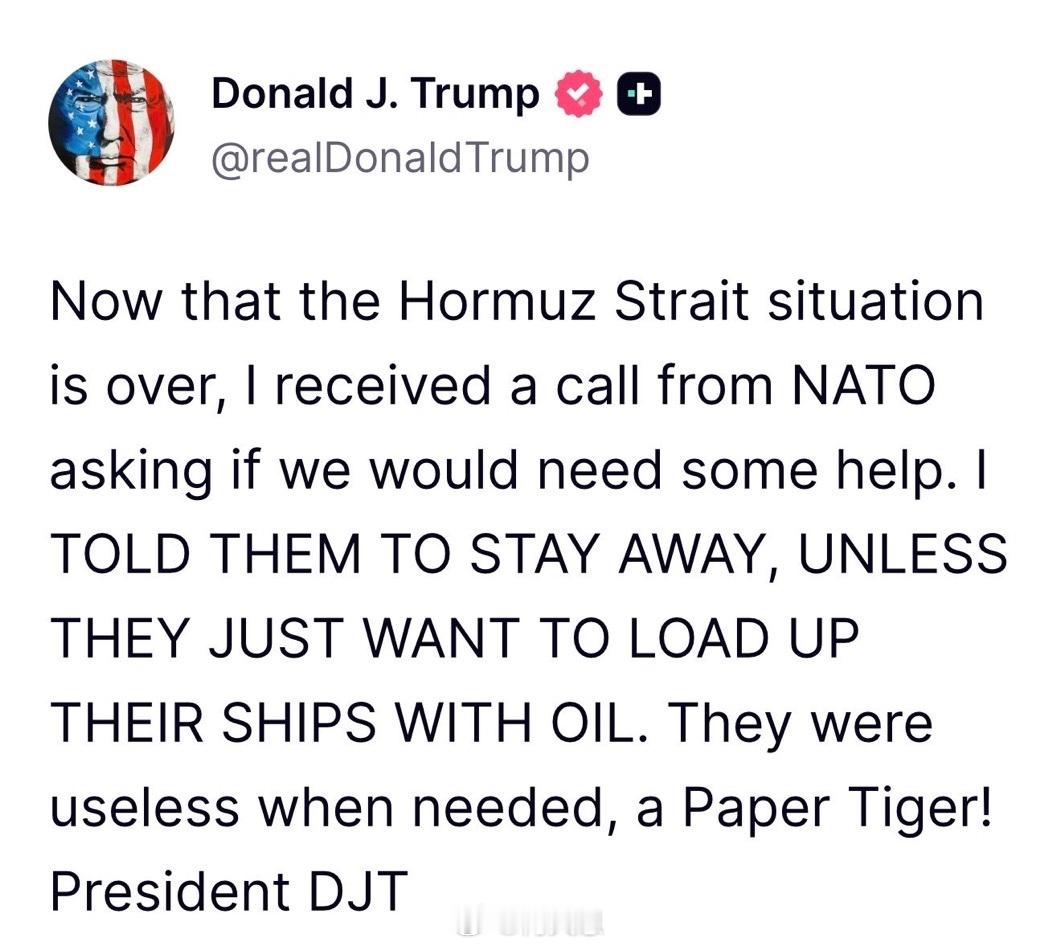 霍尔木兹海峡重新打开特朗普的第一件事就是怼北约:“现在霍尔木兹海峡局势已经结束，