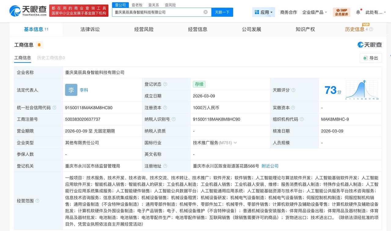隆鑫通用、智元机器人等成立具身智能科技公司 注册资本1000万
天眼查工商信息显