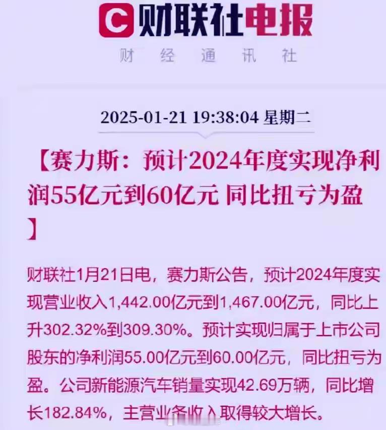 赛力斯做梦都要笑醒，从来没打过这么富裕的仗，2024年实现净利润55亿到60亿。