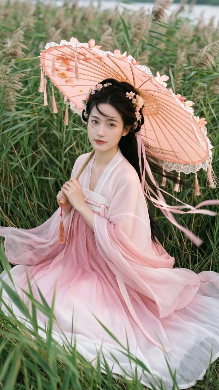 粉嫩汉服少女，撑伞漫步在花海中，唯美如画