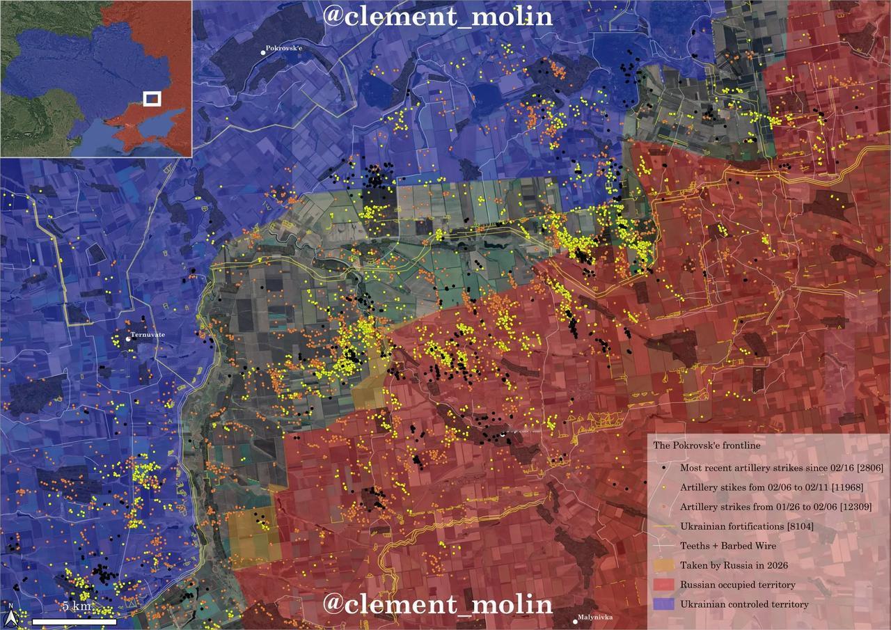 克莱门特.莫林根据卫星图，绘制的炮弹炸点图证明：乌军在扎波罗热不断推进。俄军据守