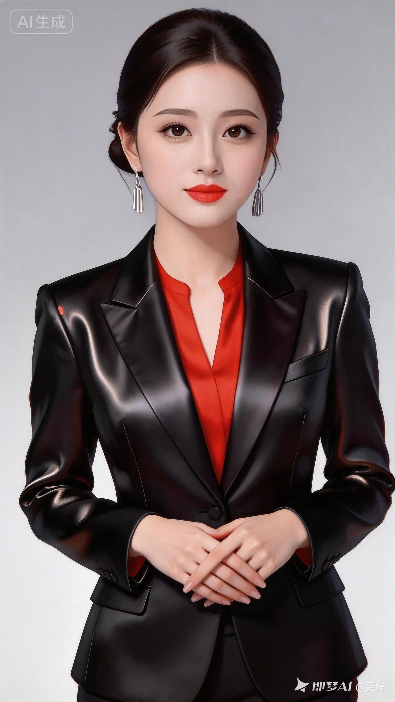 职场女王范儿，黑色皮衣搭配红色衬衫，气场全开！