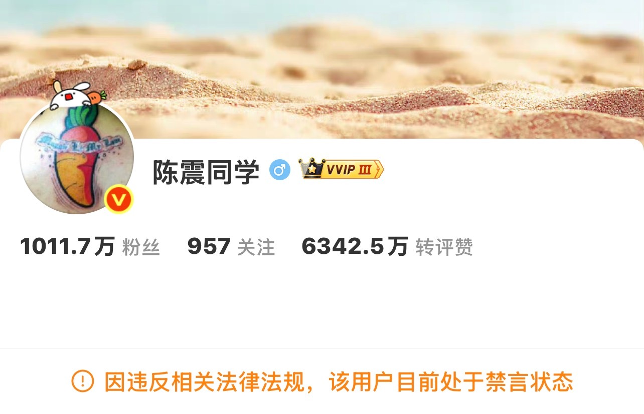 明天就是陈震被禁言一整个月，一整个月不发微博还能维持金V确实顶流，比很多明星都牛