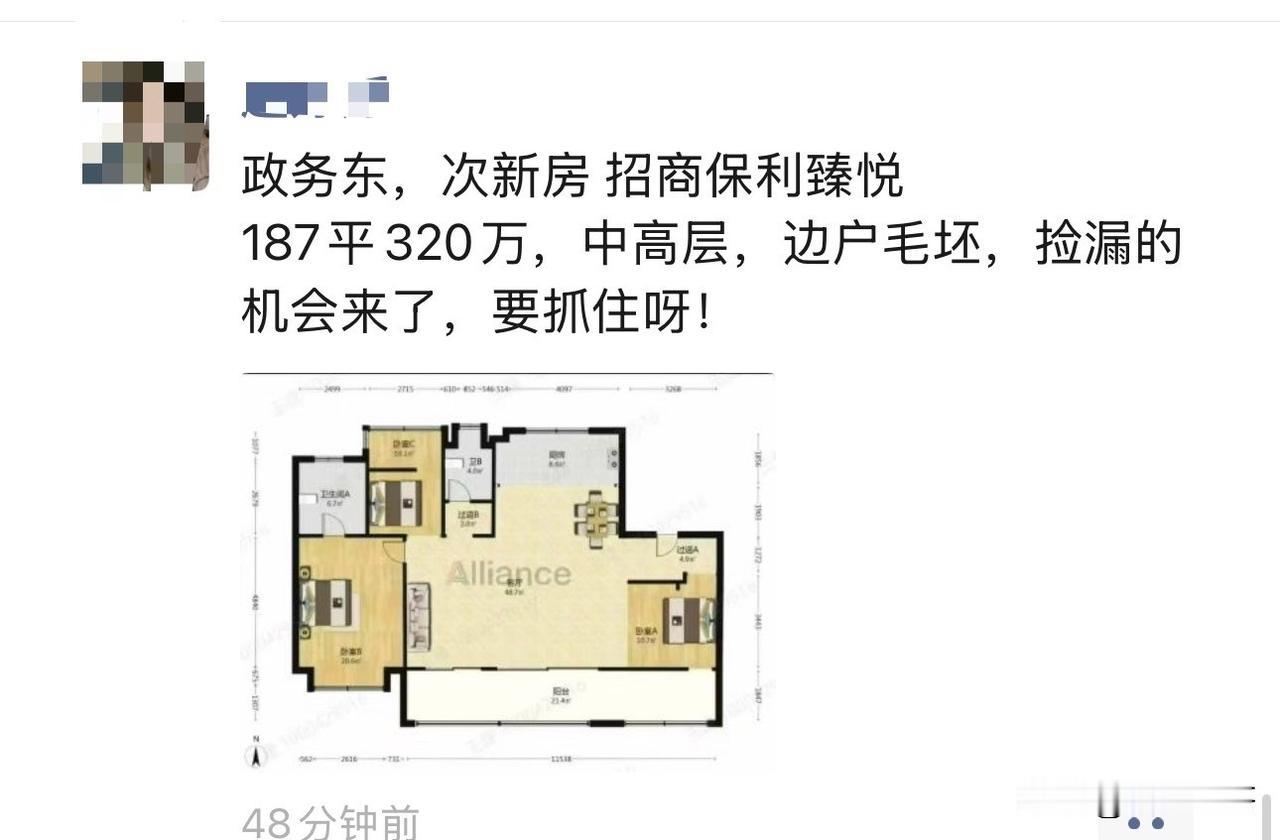 政务东，次新房招商保利臻悦
187平320万，中高层，边户毛坯，捡漏机会来了
性