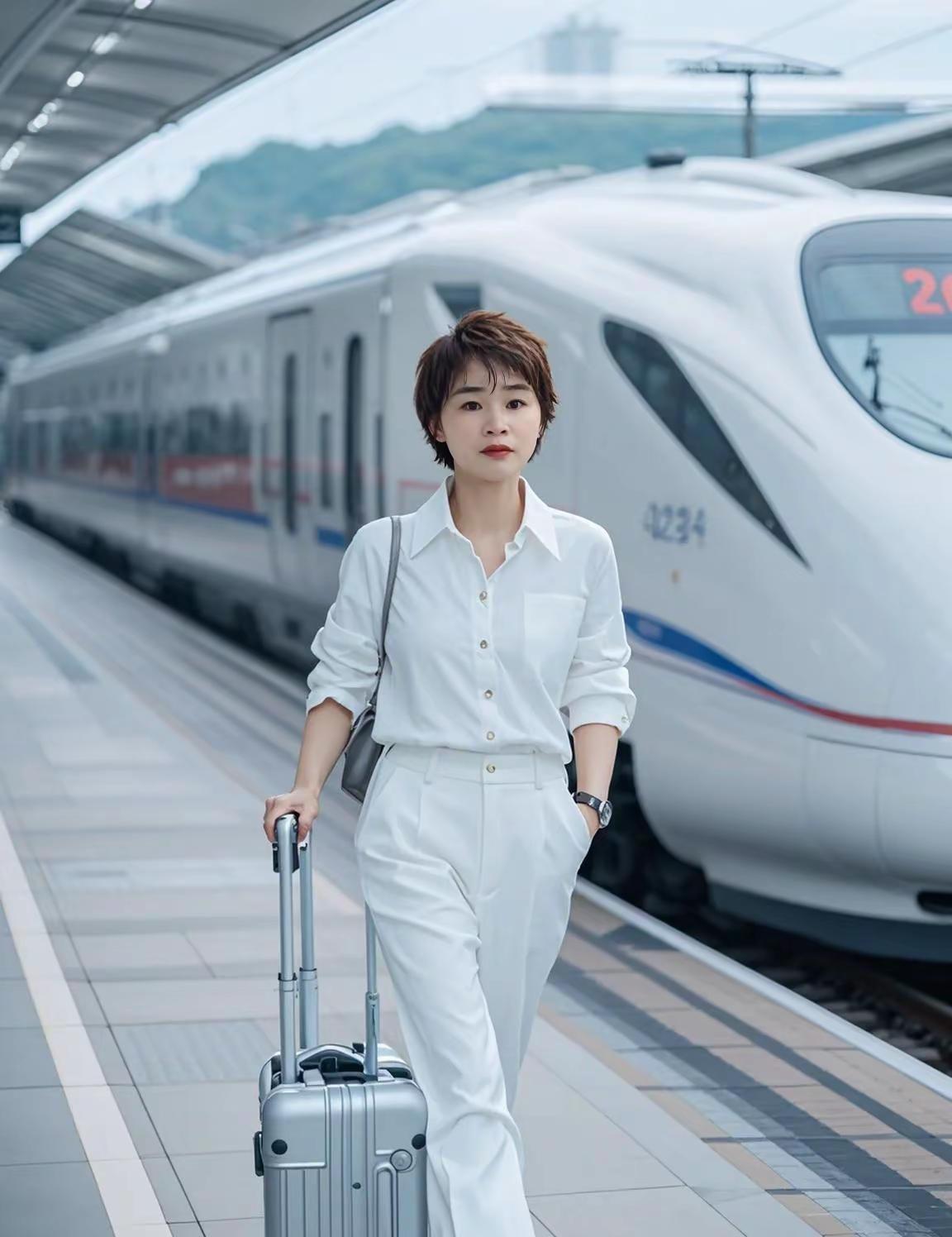 马伊琍短发美女，身穿白色休闲装，小白鞋拉着银白色行李箱站在站台上，远处高铁列车徐