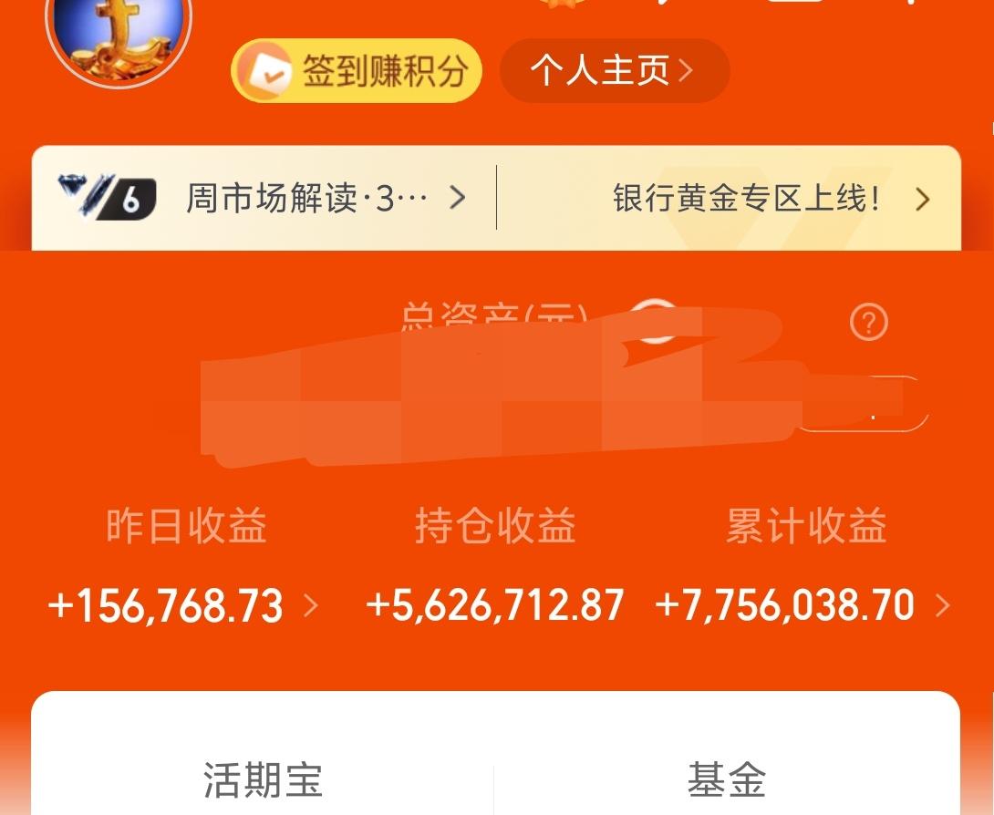 昨天基金收益15.6W+，总收益775W。
可惜了，今天最低就到了4000.96