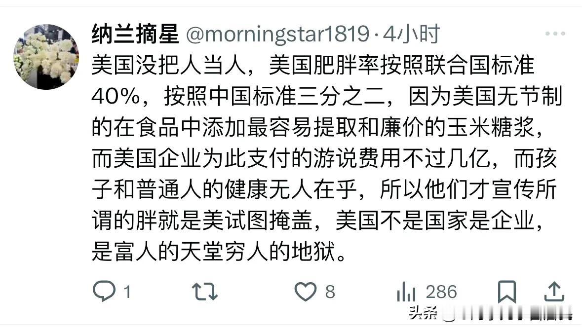 美国没把人当人，美国肥胖率按照联合国标准40%，按照中国标准三分之二，因为美国无