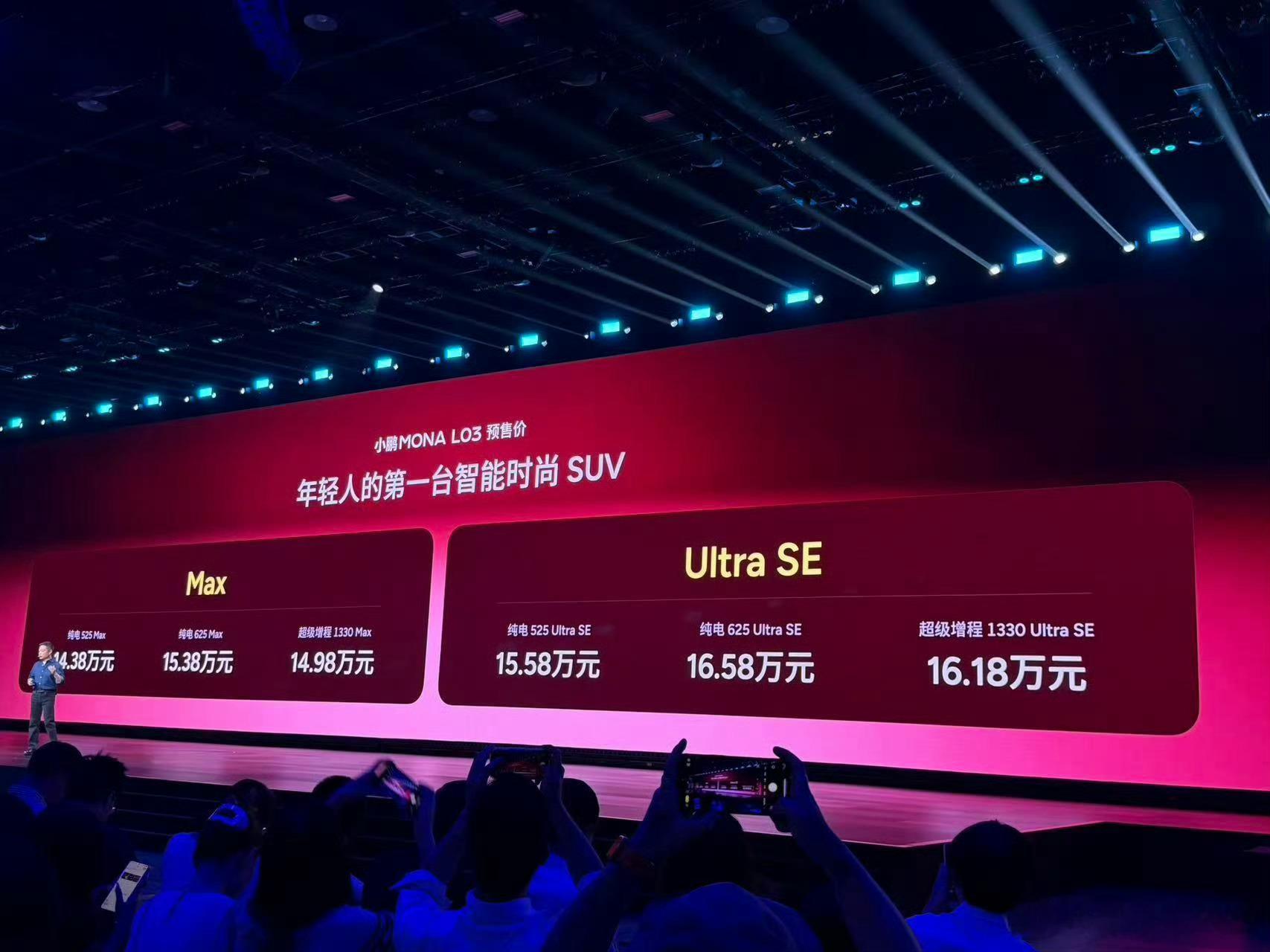 小鹏MONAL03价格纯电：525 Max = 14.38 万625 Max =