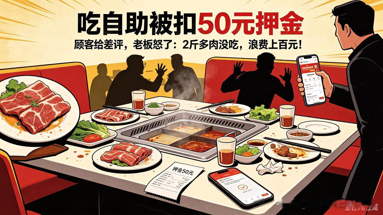 顾客吃自助被扣50元押金
反手给差评
老板怒怼：2斤多肉没动
浪费上百元
最近
