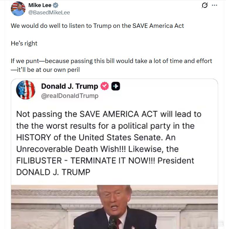 参议员迈克·李：我们确实应该认真听取特朗普关于《拯救美国法案》的看法。他.是.对