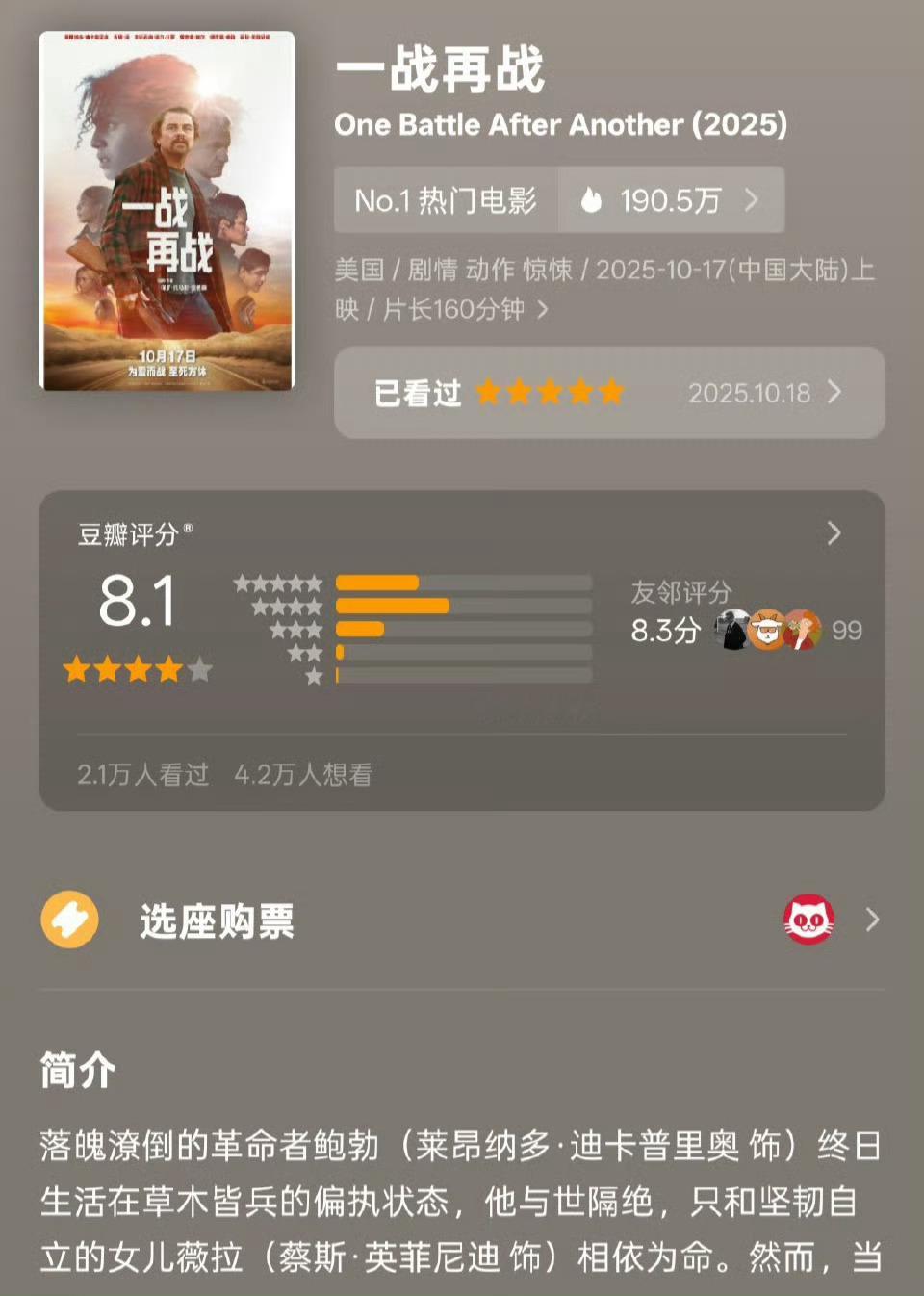 一战再战豆瓣开分8.1保罗·托马斯·安德森《一战再战》豆瓣开分8.1分，这也是P