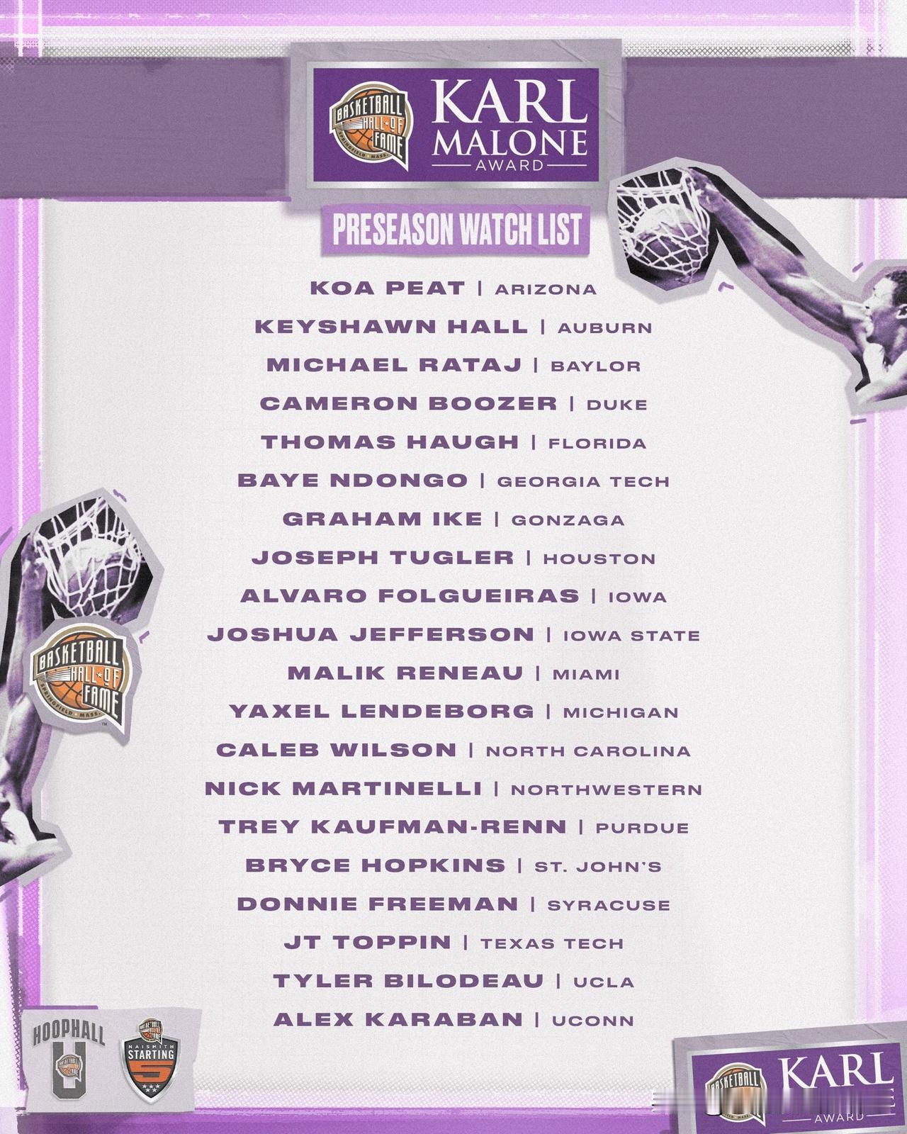 卡尔-马龙奖=年度最佳大前锋，季前20人观察名单，三位新生入选，2026年nba