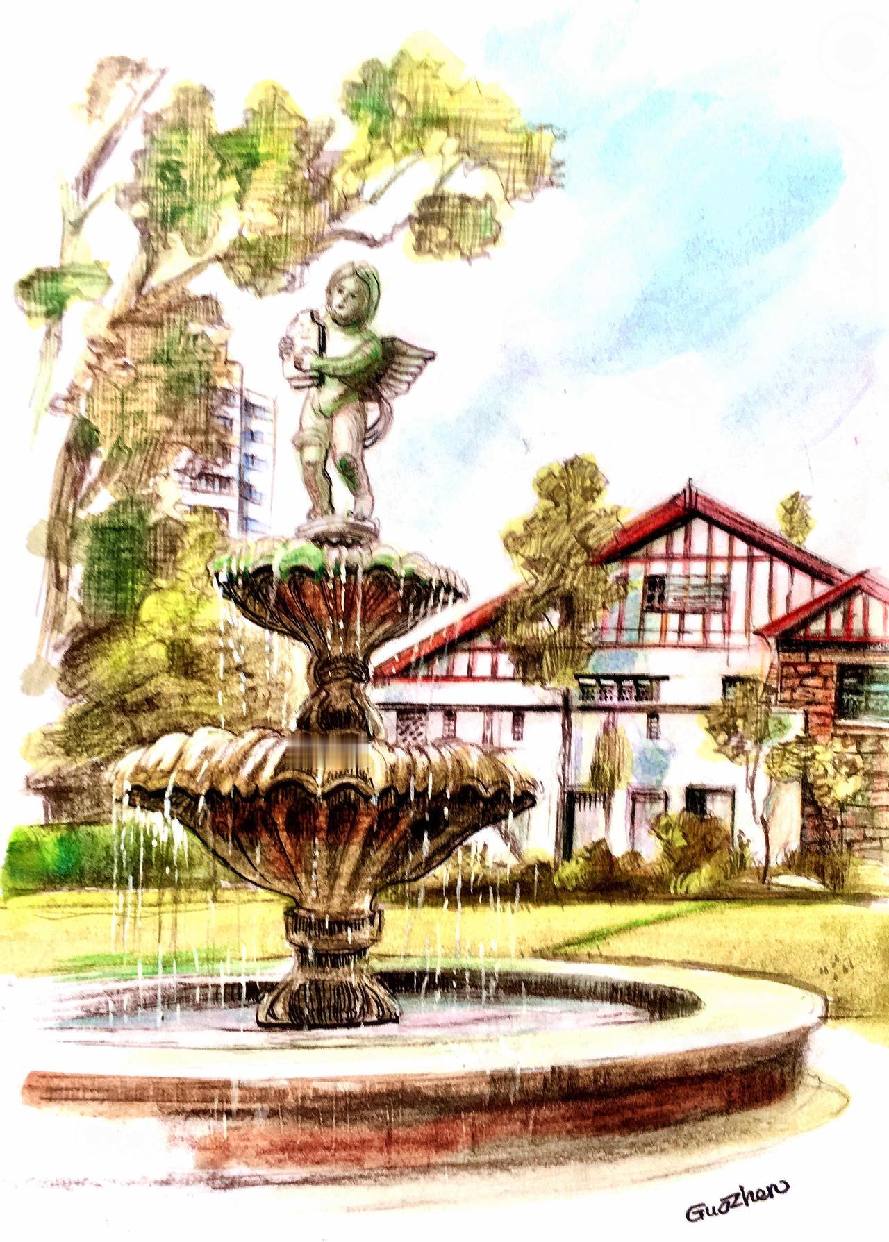 一、该建筑为现代主义风格，采用砖混结构，双坡红瓦屋面，南立面多重山墙与露木架构，