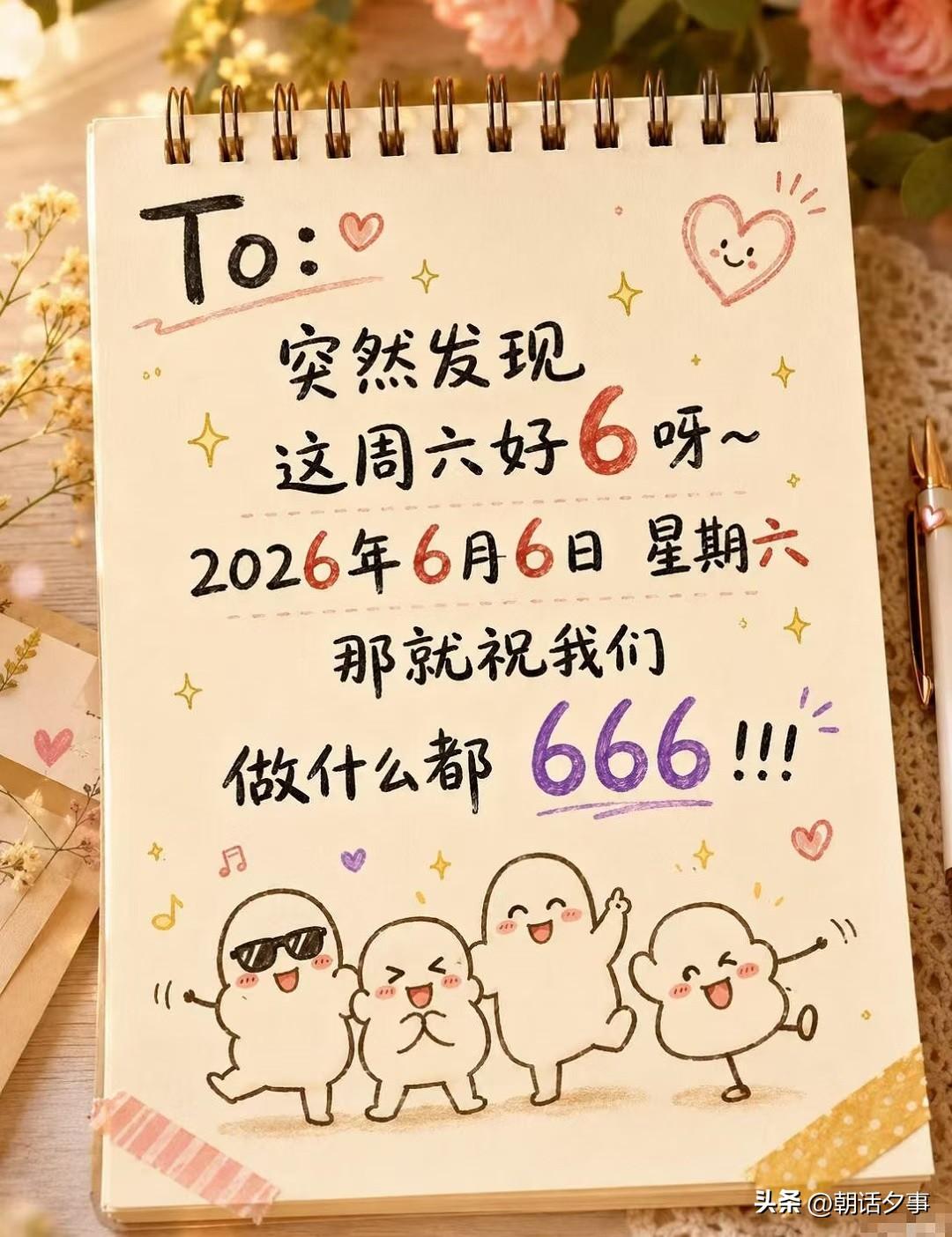 百年难遇四重6！
2026年6月6日，星期六，
年份6、月份6、日期6、星期6