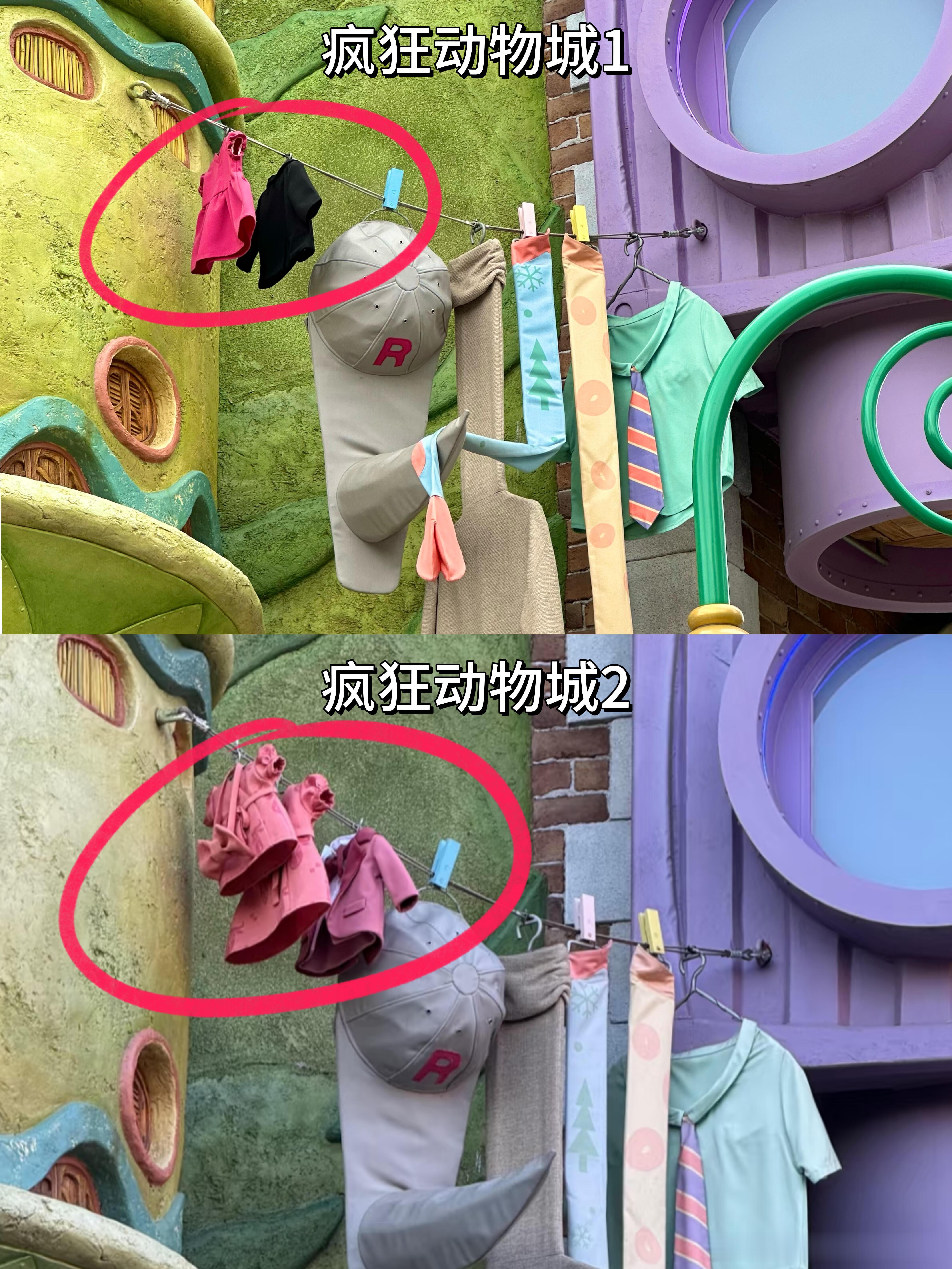 为了配合《疯狂动物城2》上映，上海迪士尼小镇大先生一家门口挂的小衣服也换了，都变