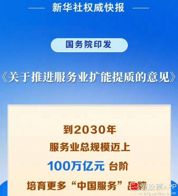 盘后国务院放大招，印发《关于推进服务业扩能提质的意见》。其中明确：到2030年服
