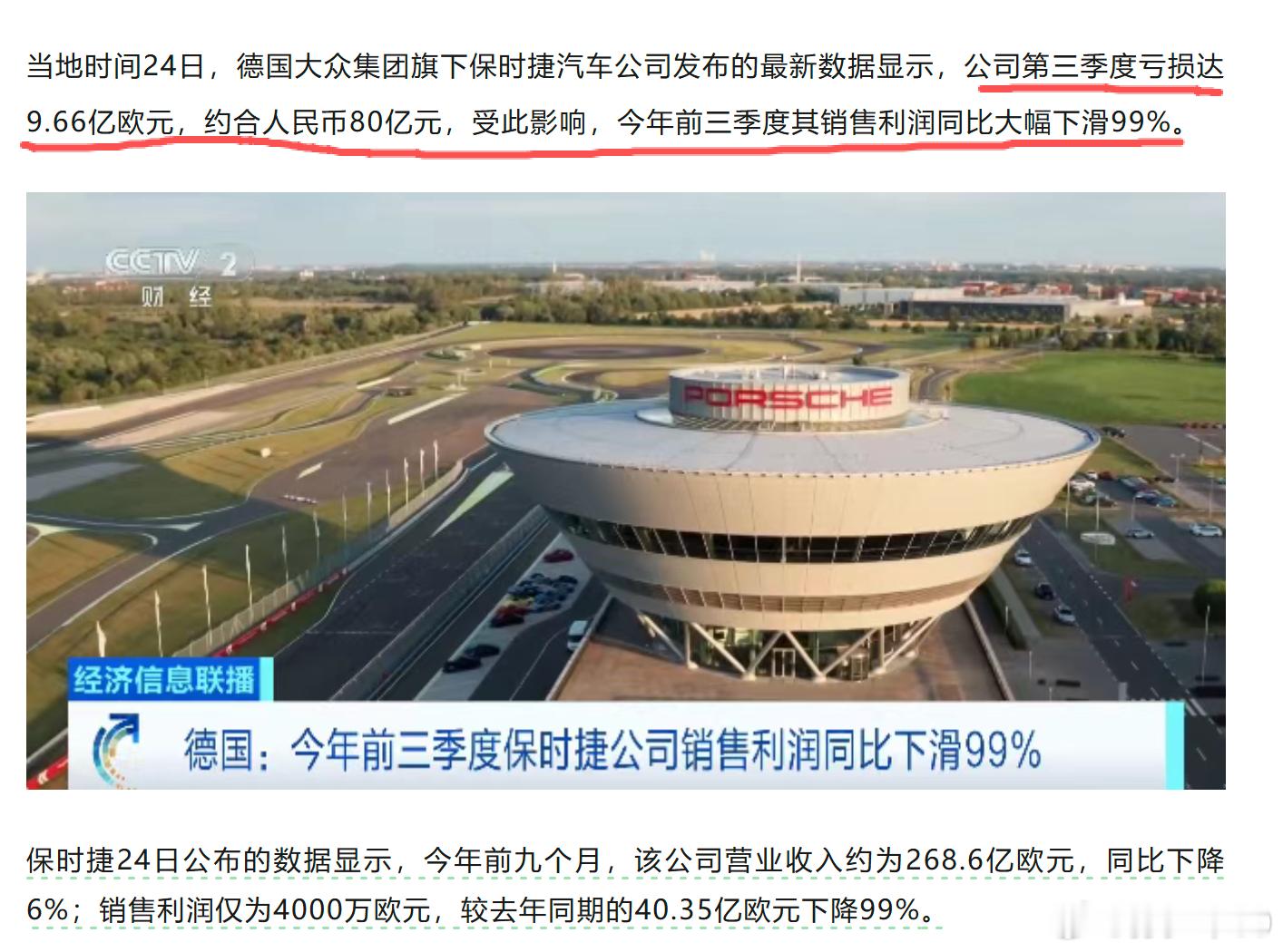 保时捷第三季度亏损达9.66亿欧元，约合人民币80亿元，受此影响，今年前三季度其