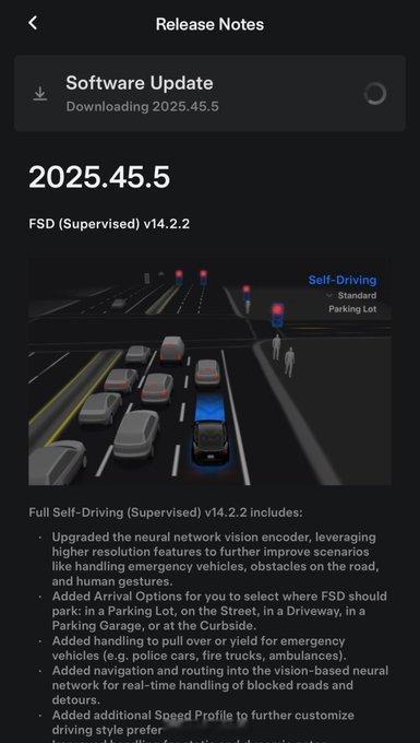 特斯拉FSD 新版本FSD V14.2.2 版本已推出：- 现在您可以选择到达方
